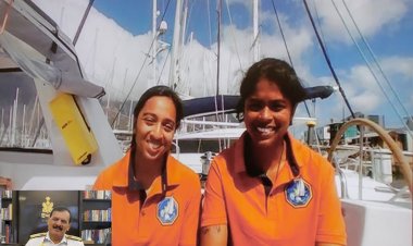 Admiral Dinesh K Tripathi Commends INSV Tarini Crew on Historic Navika Sagar Parikrama-II Journey